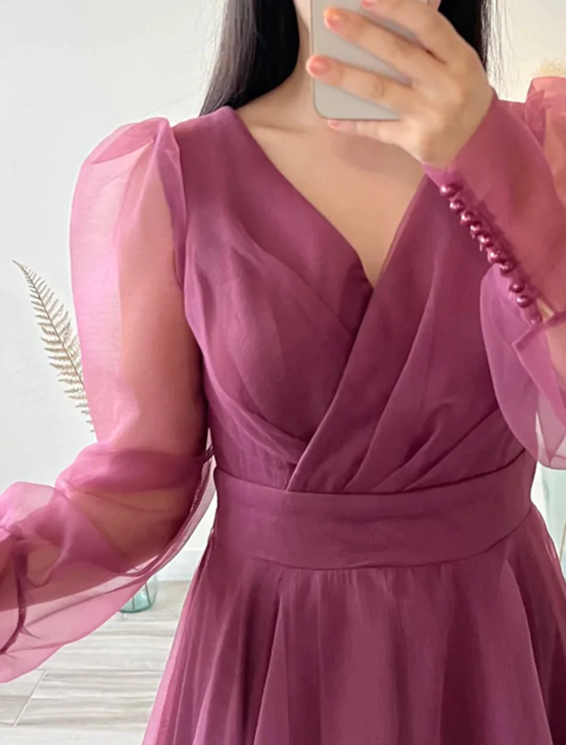 Elegant A-Line V-Neck Long Sleeve Organza Cocktail Dress with Buttons.