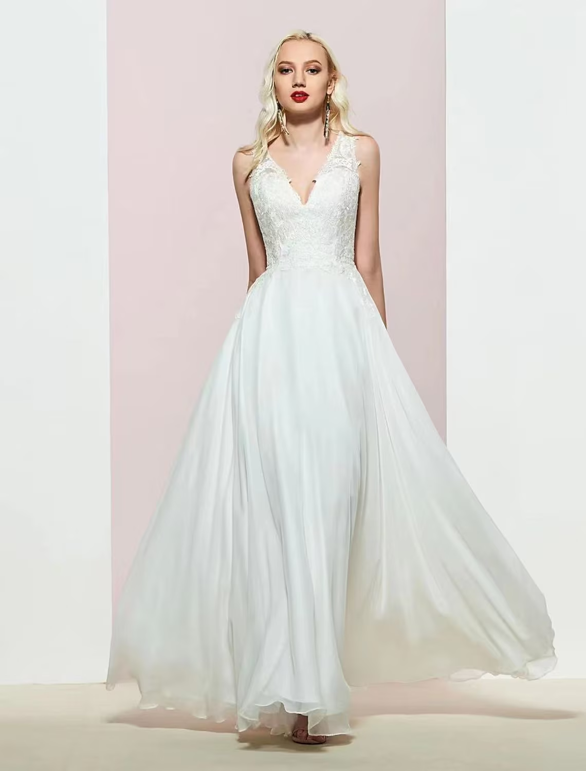 Elegant A-Line V-Neck Open Back Chiffon Applique Floor Length Evening Gown.
