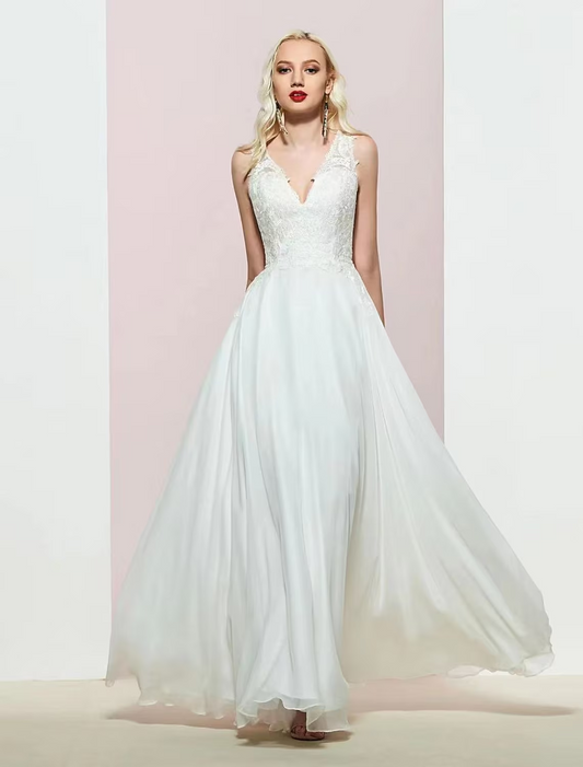 Elegant A-Line V-Neck Open Back Chiffon Applique Floor Length Evening Gown.