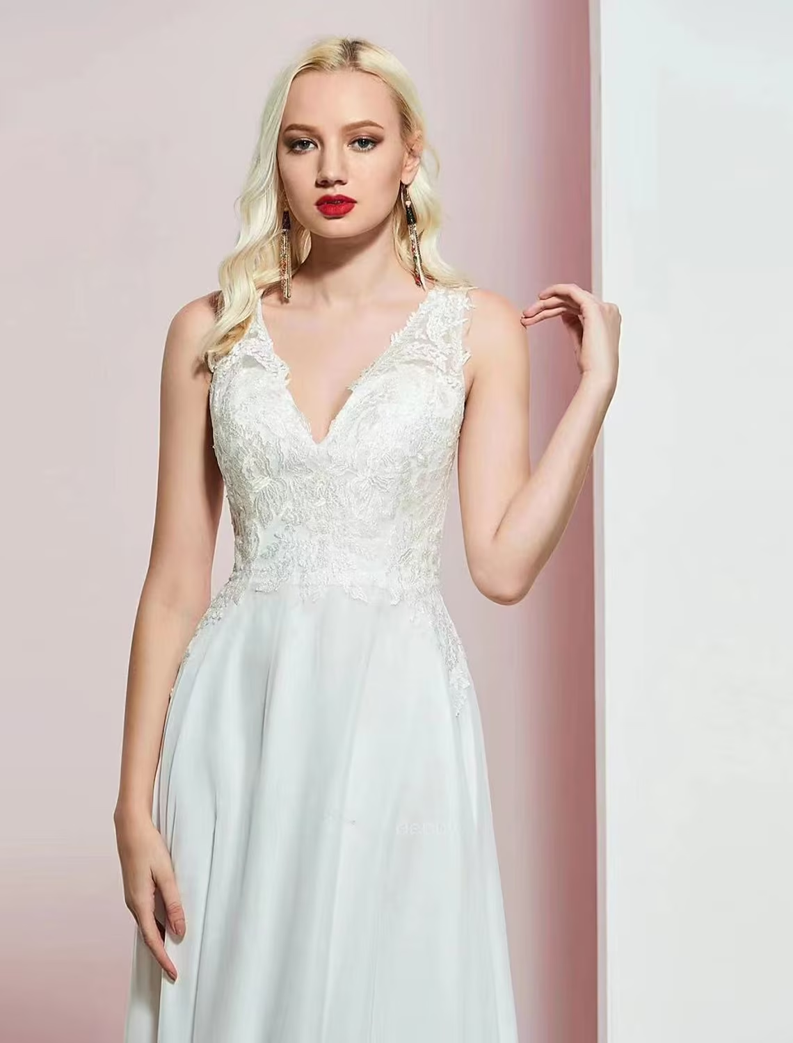 Elegant A-Line V-Neck Open Back Chiffon Applique Floor Length Evening Gown.