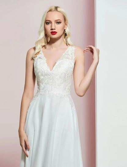 Elegant A-Line V-Neck Open Back Chiffon Applique Floor Length Evening Gown.
