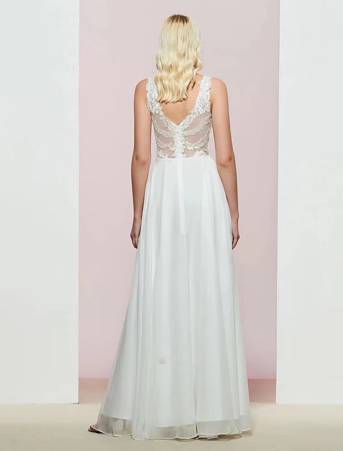 Elegant A-Line V-Neck Open Back Chiffon Applique Floor Length Evening Gown.