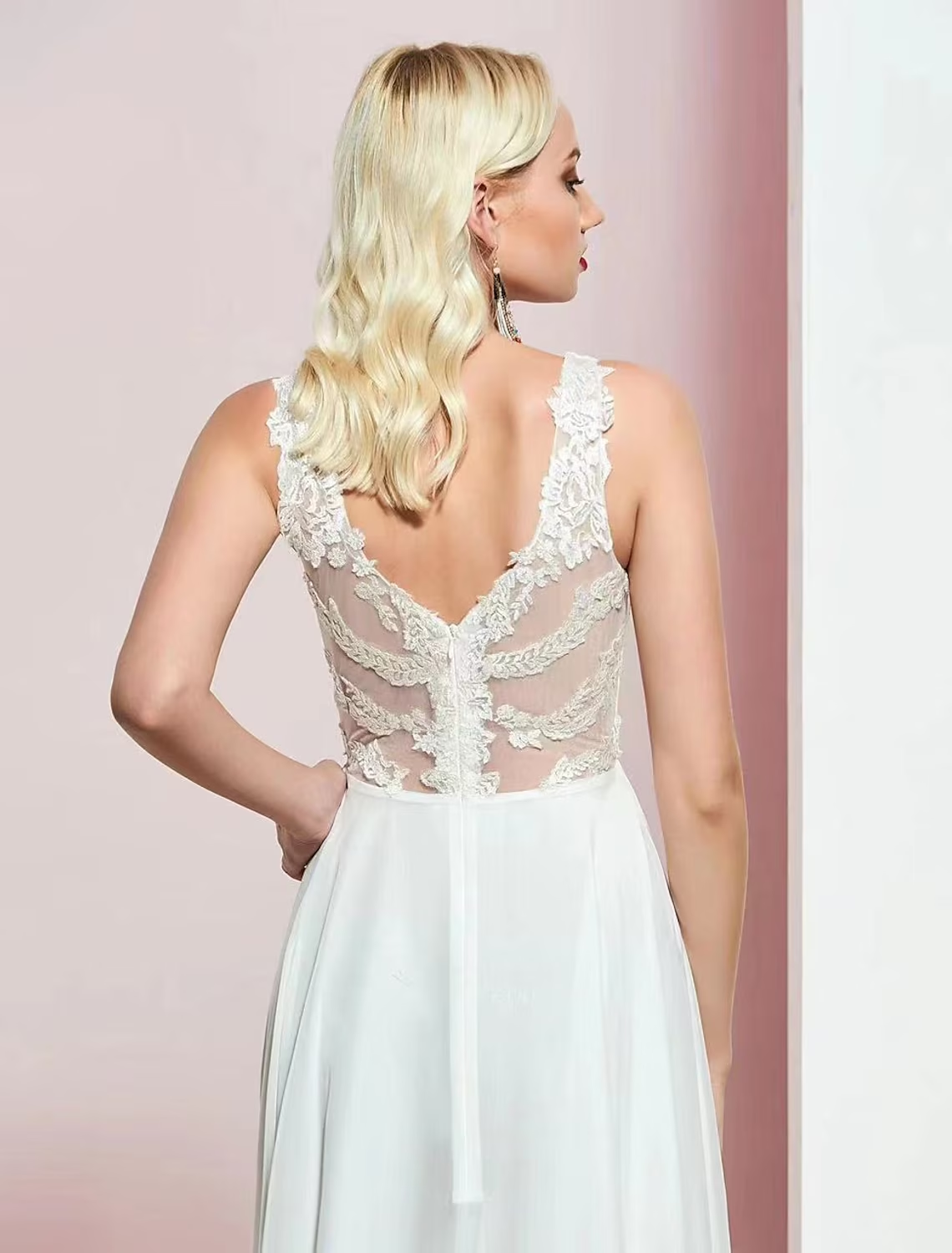 Elegant A-Line V-Neck Open Back Chiffon Applique Floor Length Evening Gown.