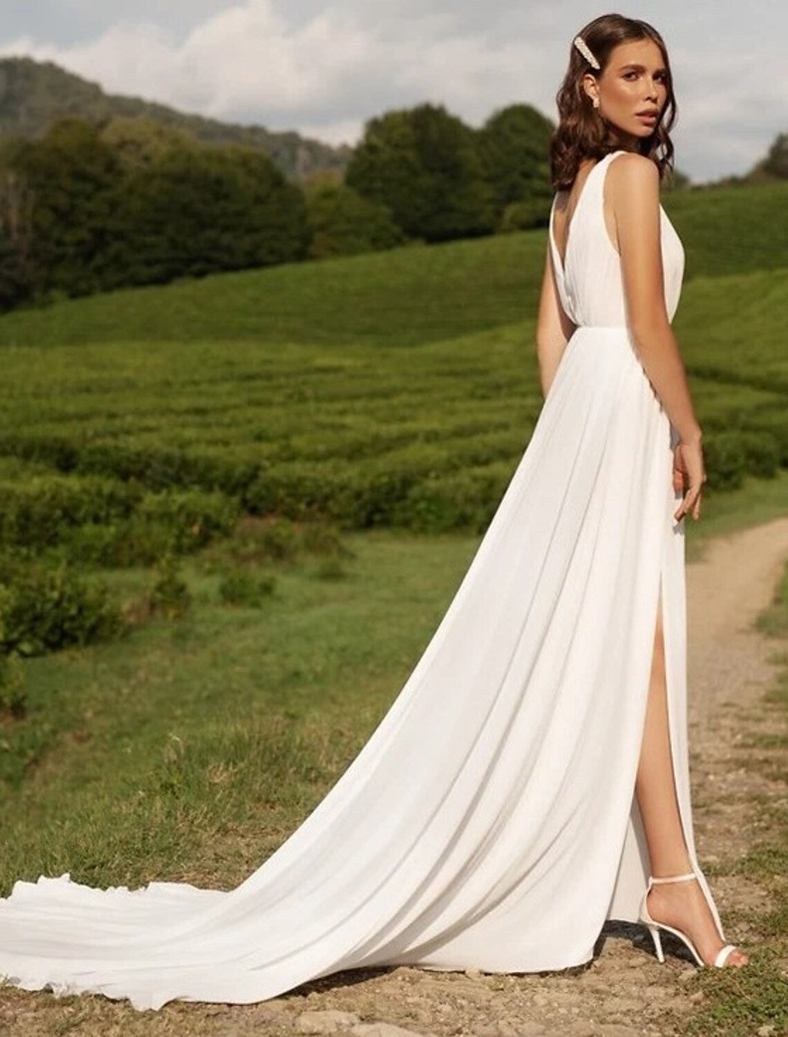 Elegant A-Line V-Neck Satin Split Front Court Train White Wedding Dress.