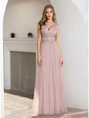 Elegant A-Line V-Neck Sequin Satin Floor Length Gown for Wedding Guests.