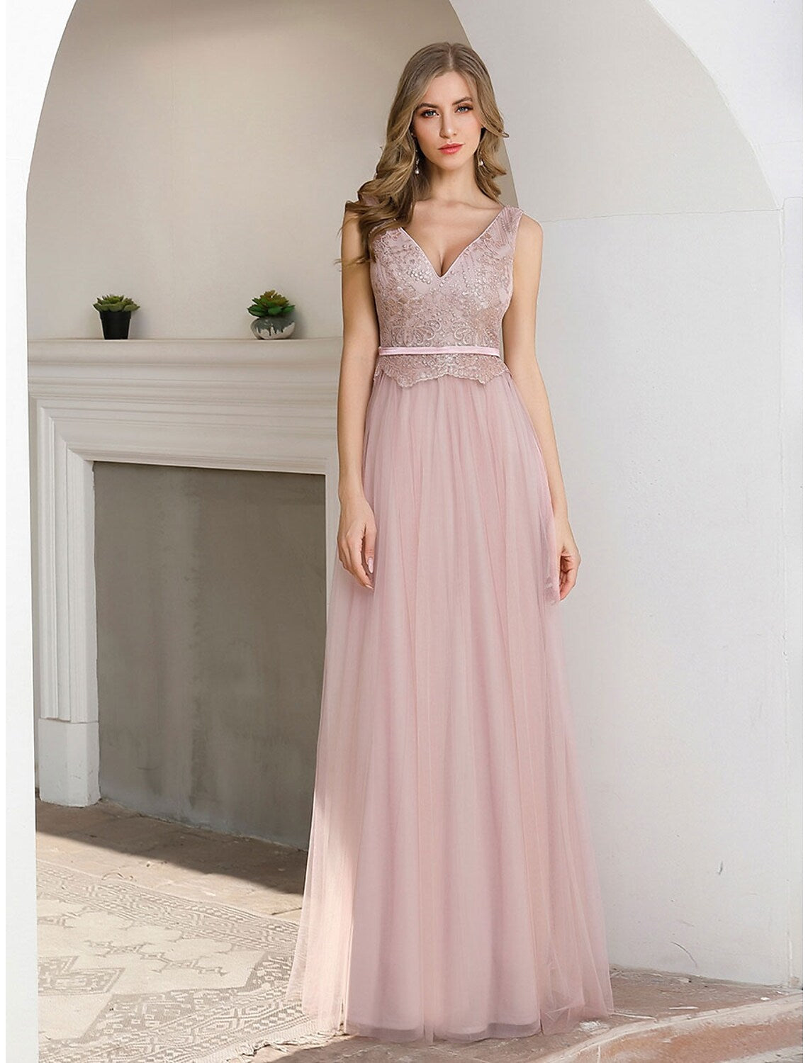 Elegant A-Line V-Neck Sequin Satin Floor Length Gown for Wedding Guests.