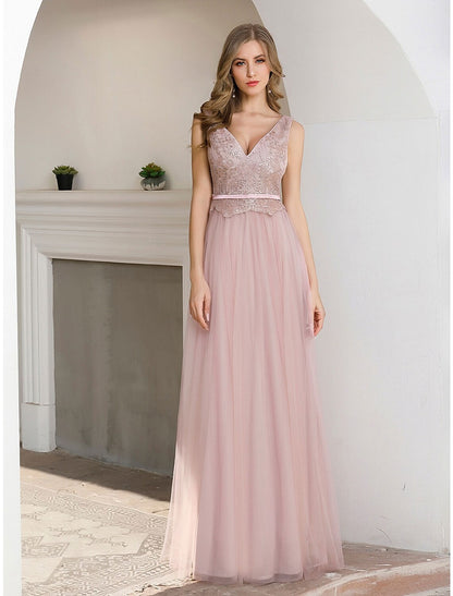 Elegant A-Line V-Neck Sequin Satin Floor Length Gown for Wedding Guests.