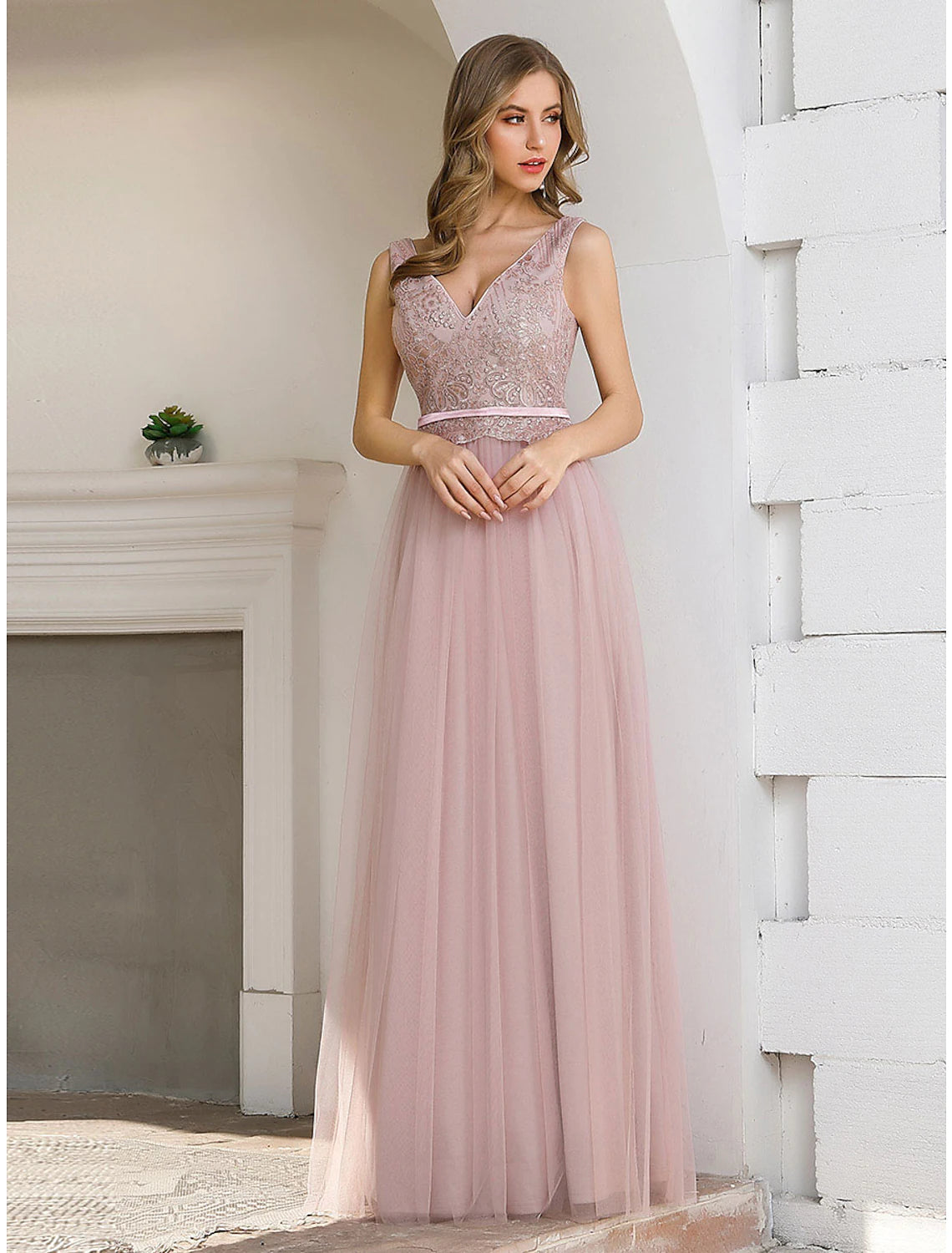 Elegant A-Line V-Neck Sequin Satin Floor Length Gown for Wedding Guests.