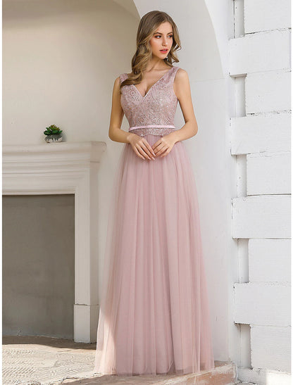 Elegant A-Line V-Neck Sequin Satin Floor Length Gown for Wedding Guests.