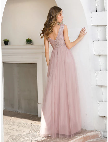 Elegant A-Line V-Neck Sequin Satin Floor Length Gown for Wedding Guests.