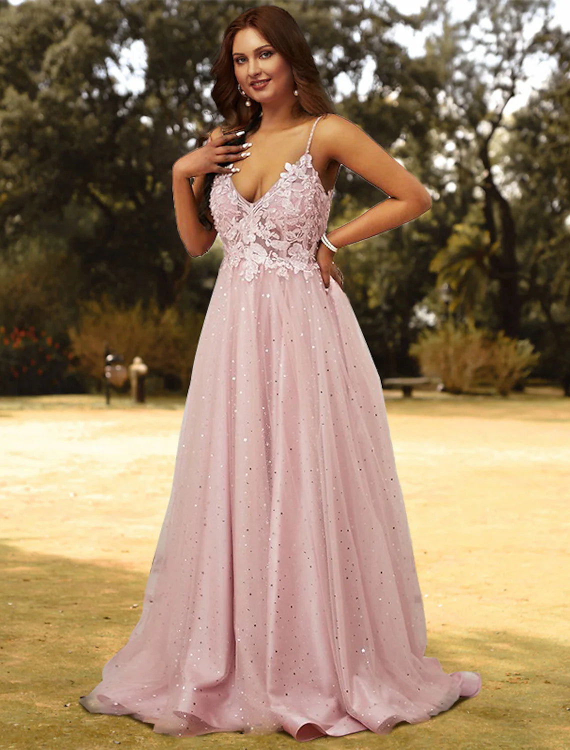 Elegant A-Line V-Neck Tulle Applique Plus Size Prom Dress.