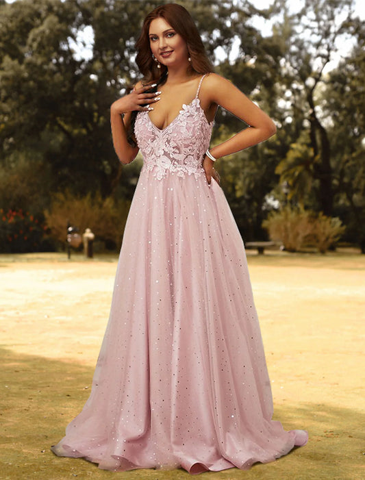 Elegant A-Line V-Neck Tulle Applique Plus Size Prom Dress.