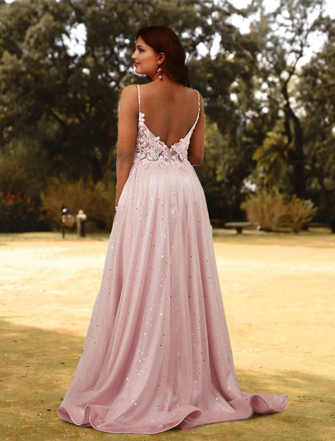 Elegant A-Line V-Neck Tulle Applique Plus Size Prom Dress.