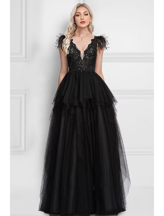 Elegant A-Line black prom dress with V-neck and feather appliques.