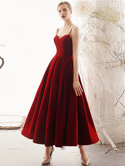 Elegant A-Line Velvet Prom Party Dress with Spaghetti Straps and Beautiful Back.