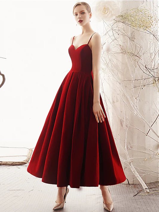 Elegant A-Line Velvet Prom Party Dress with Spaghetti Straps and Beautiful Back.
