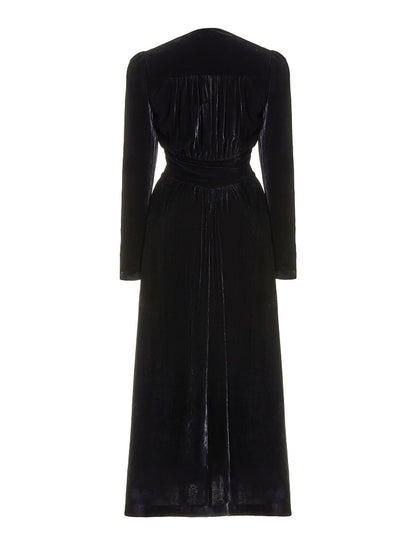 Elegant A-Line Velvet V-Neck Long Sleeve Ankle Length Wedding Guest Gown.