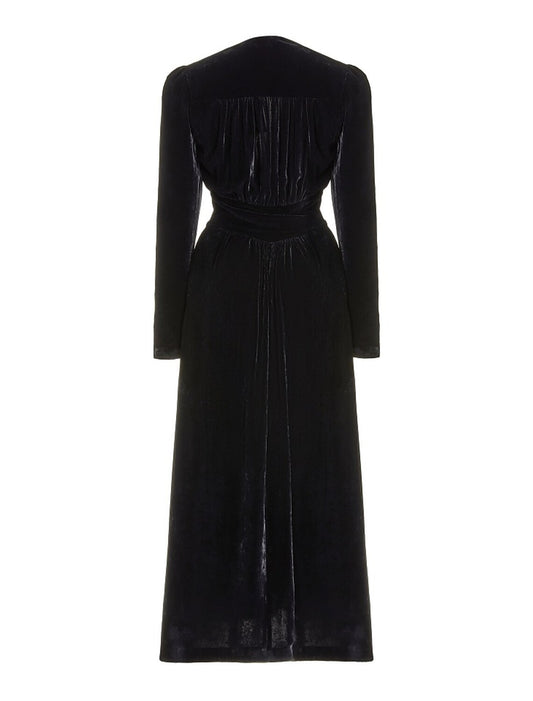 Elegant A-Line Velvet V-Neck Long Sleeve Ankle Length Wedding Guest Gown.