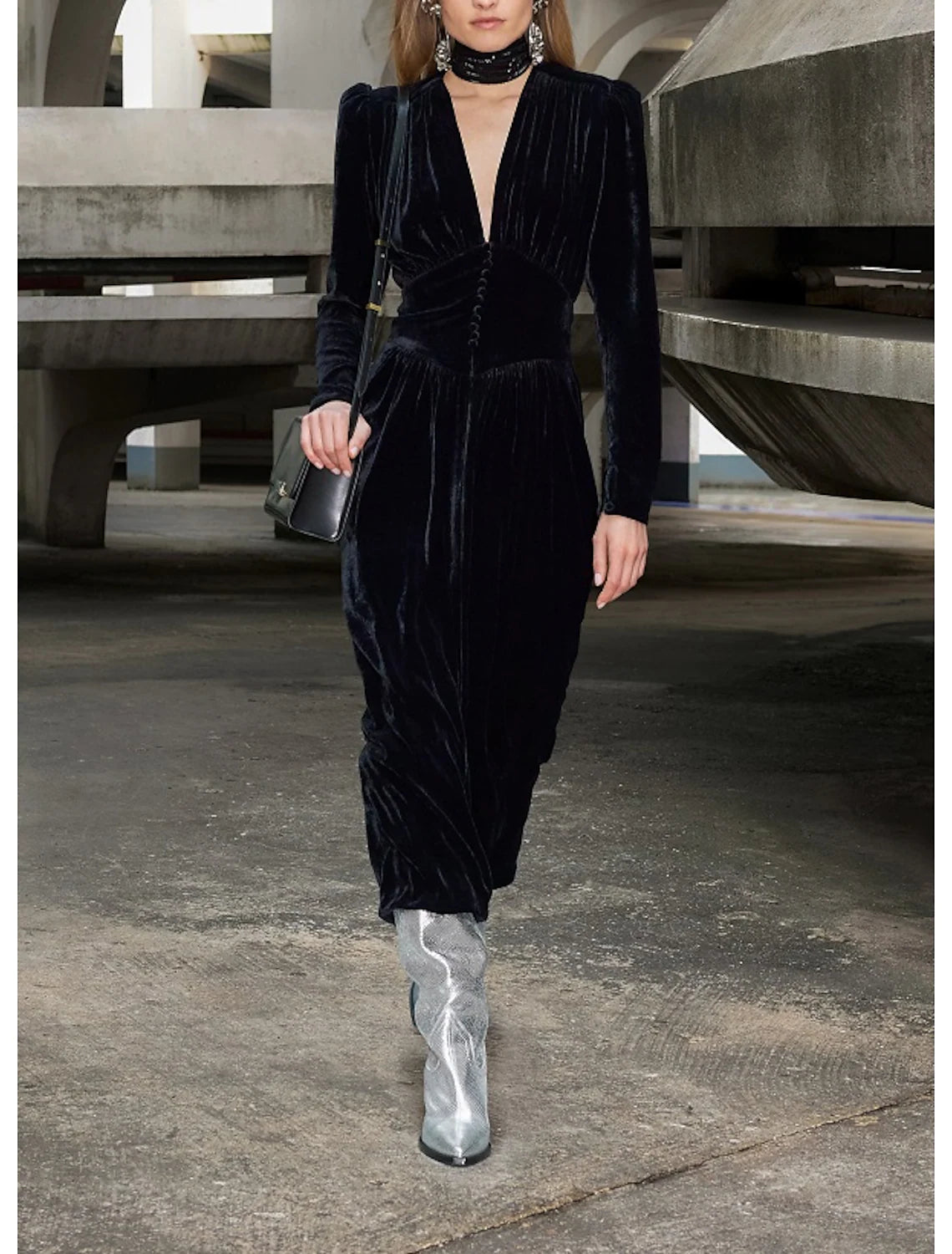 Elegant A-Line Velvet V-Neck Long Sleeve Ankle Length Wedding Guest Gown.