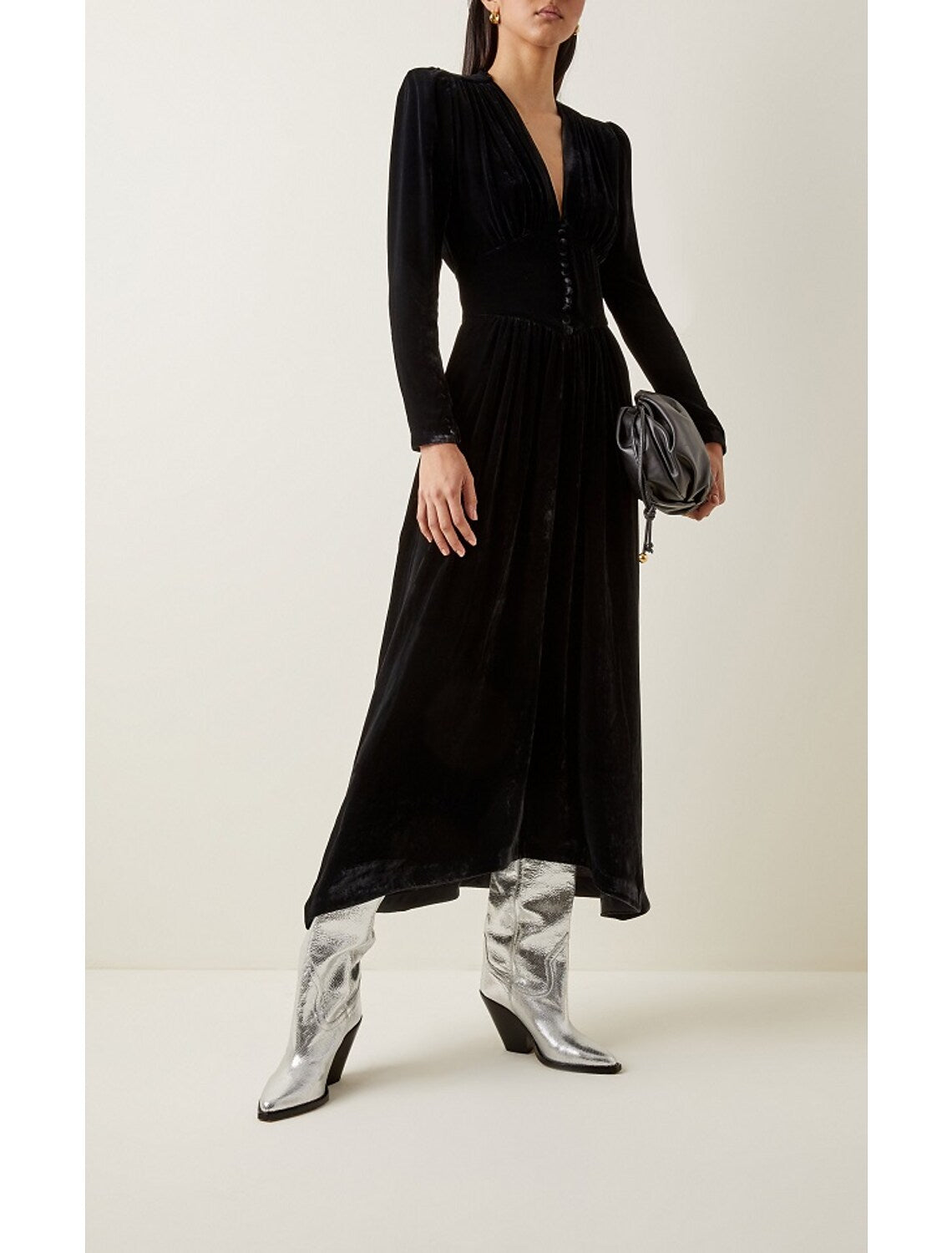 Elegant A-Line Velvet V-Neck Long Sleeve Ankle Length Wedding Guest Gown.