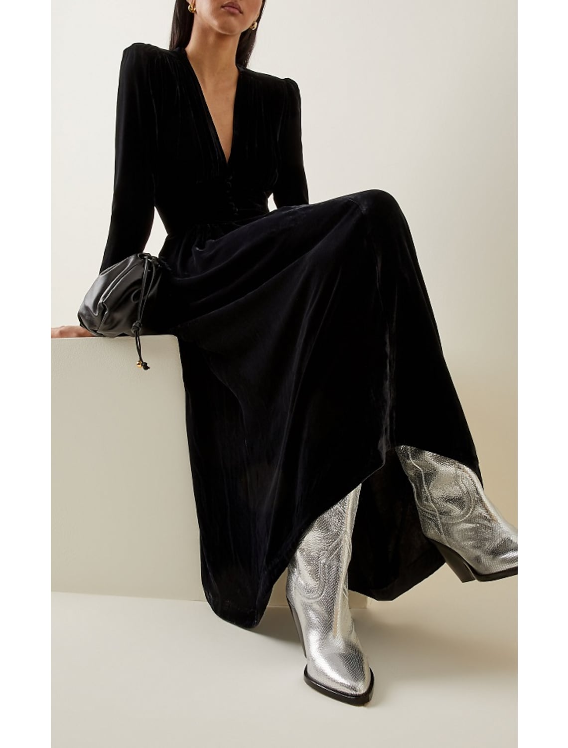 Elegant A-Line Velvet V-Neck Long Sleeve Ankle Length Wedding Guest Gown.