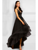 Elegant Asymmetrical A-Line V-Neck Organza Cocktail Dress with Rhinestone Ruffles.