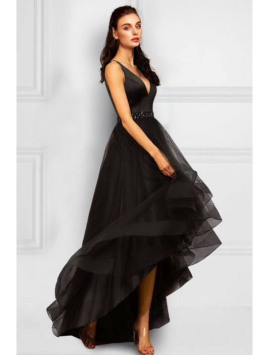 Elegant Asymmetrical A-Line V-Neck Organza Cocktail Dress with Rhinestone Ruffles.