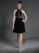 Elegant Ball Gown High Neck Pleated Beaded Black Knee-Length Cocktail Dress.