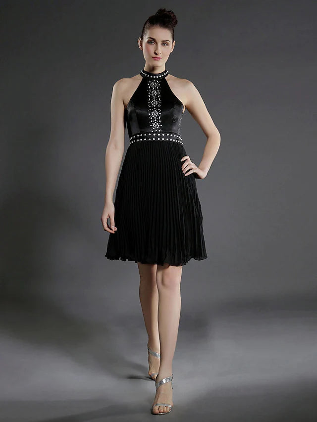 Elegant Ball Gown High Neck Pleated Beaded Black Knee-Length Cocktail Dress.