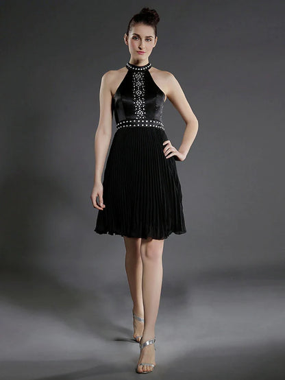 Elegant Ball Gown High Neck Pleated Beaded Black Knee-Length Cocktail Dress.