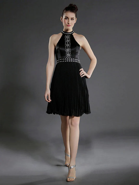 Elegant Ball Gown High Neck Pleated Beaded Black Knee-Length Cocktail Dress.
