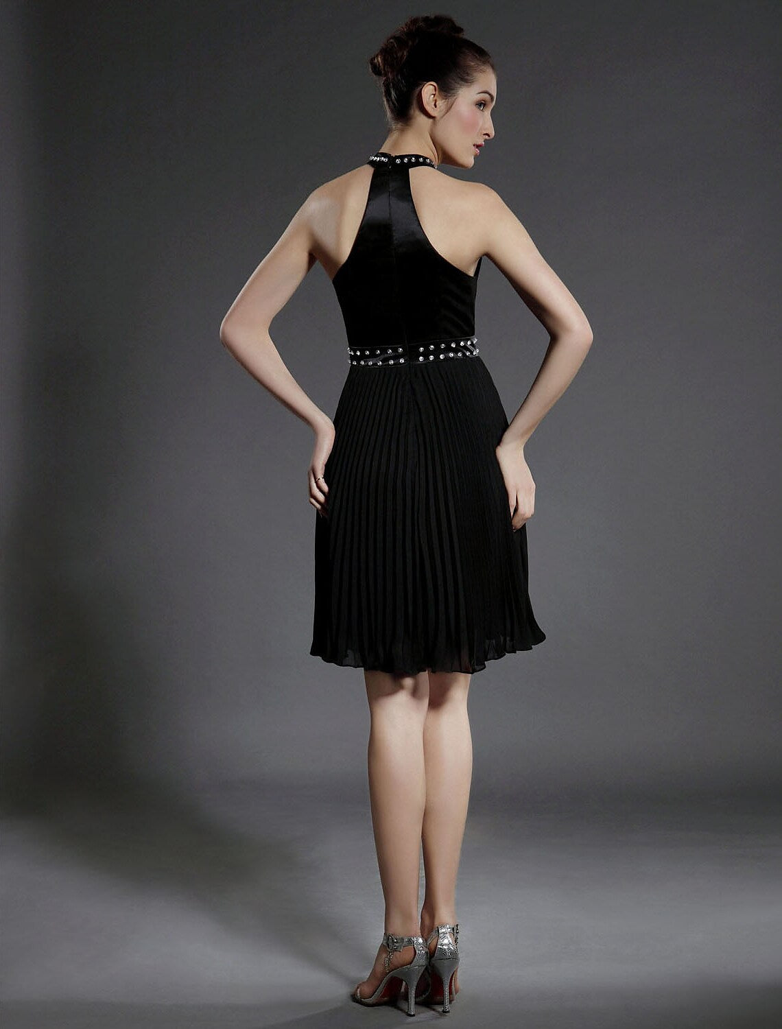 Elegant Ball Gown High Neck Pleated Beaded Black Knee-Length Cocktail Dress.