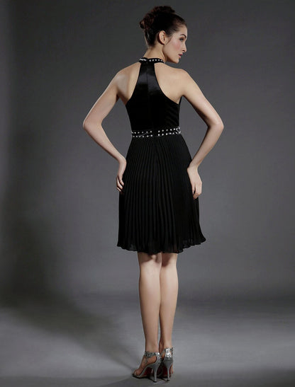 Elegant Ball Gown High Neck Pleated Beaded Black Knee-Length Cocktail Dress.