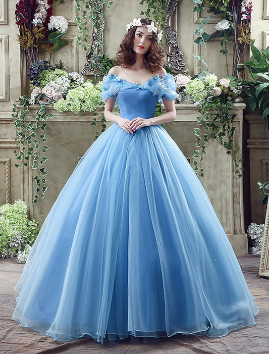 Elegant off-shoulder satin ball gown with short sleeves, appliques, and a chapel train.