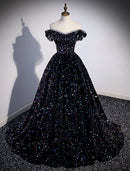 Elegant off-shoulder sequined ball gown with pleats and court train.