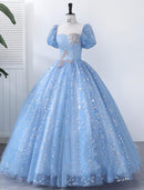 Elegant Ball Gown Square Neck Short Sleeve Pearl Applique Floor Length Quinceanera Dress.