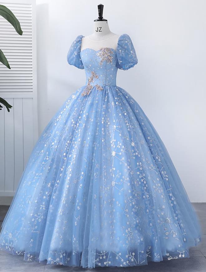 Elegant Ball Gown Square Neck Short Sleeve Pearl Applique Floor Length Quinceanera Dress.