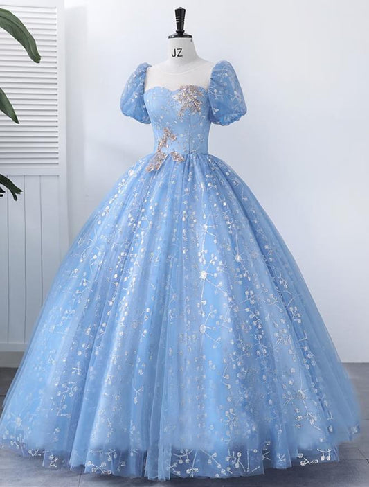 Elegant Ball Gown Square Neck Short Sleeve Pearl Applique Floor Length Quinceanera Dress.
