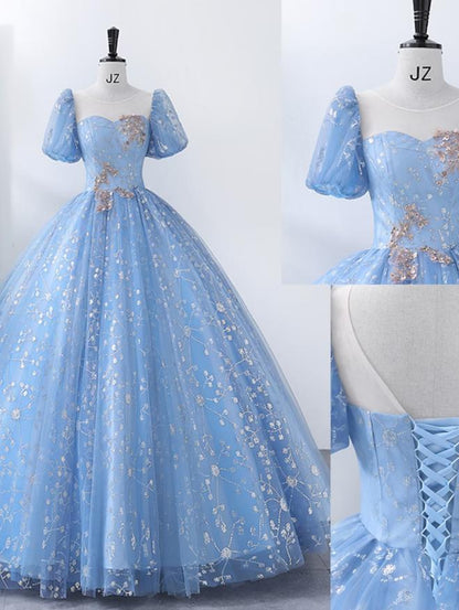 Elegant Ball Gown Square Neck Short Sleeve Pearl Applique Floor Length Quinceanera Dress.
