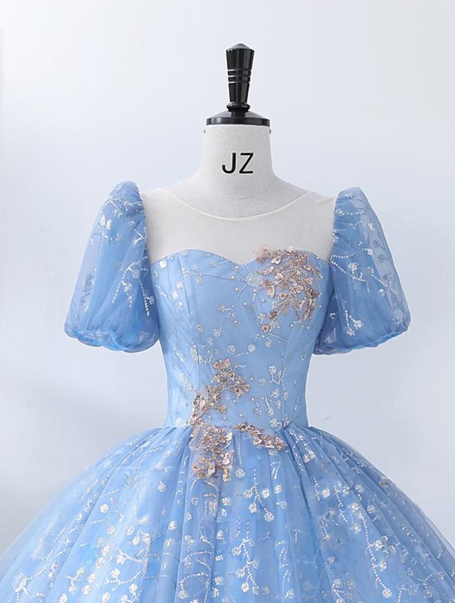 Elegant Ball Gown Square Neck Short Sleeve Pearl Applique Floor Length Quinceanera Dress.
