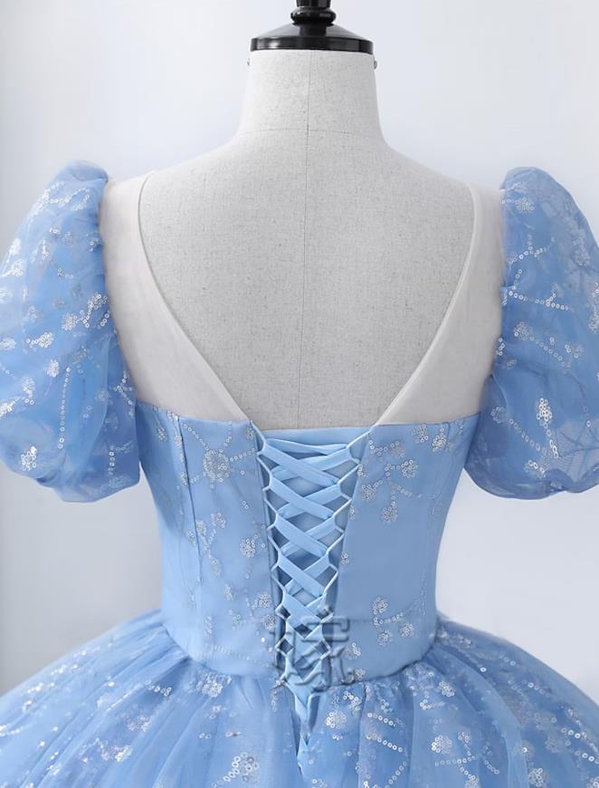 Elegant Ball Gown Square Neck Short Sleeve Pearl Applique Floor Length Quinceanera Dress.