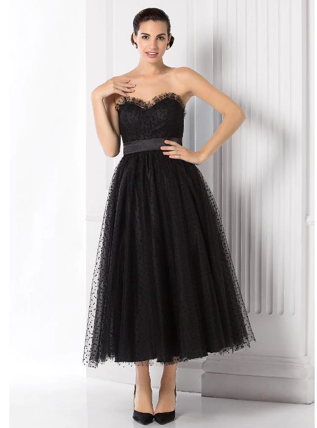 Elegant Ball Gown Sweetheart Tulle Black Tea Length Holiday Dress with Sash.