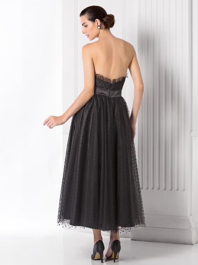 Elegant Ball Gown Sweetheart Tulle Black Tea Length Holiday Dress with Sash.