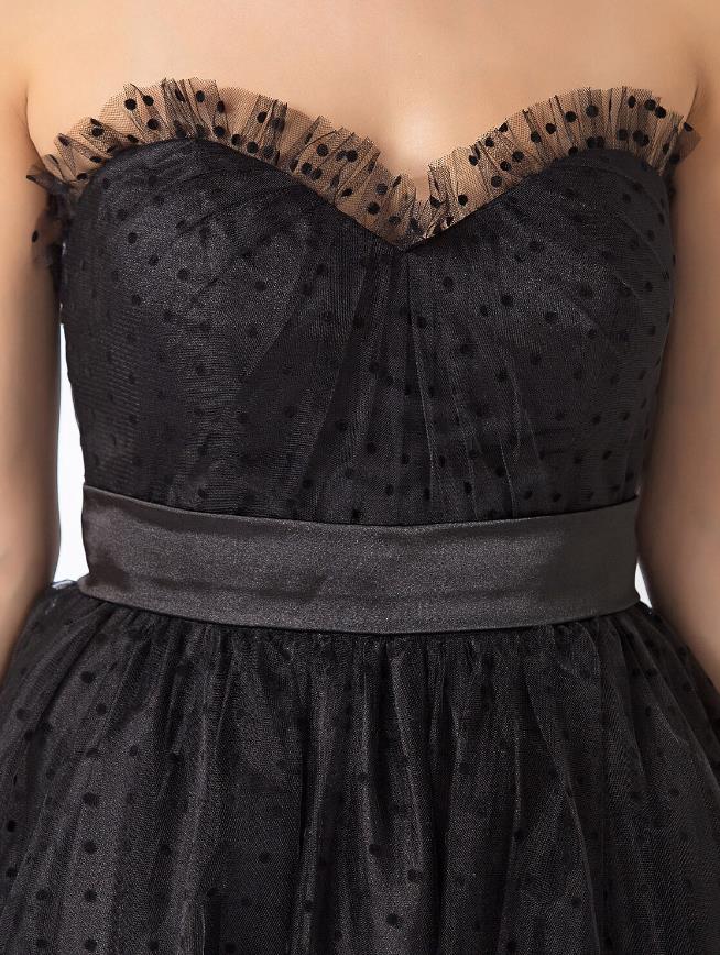 Elegant Ball Gown Sweetheart Tulle Black Tea Length Holiday Dress with Sash.
