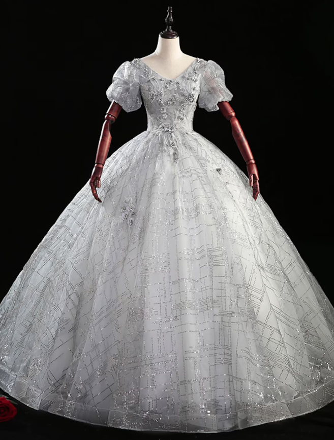 Elegant Ball Gown V-Neck Short Sleeve Beaded Floor Length Quinceanera Dress.