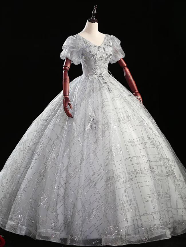 Elegant Ball Gown V-Neck Short Sleeve Beaded Floor Length Quinceanera Dress.