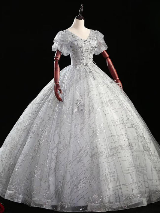 Elegant Ball Gown V-Neck Short Sleeve Beaded Floor Length Quinceanera Dress.