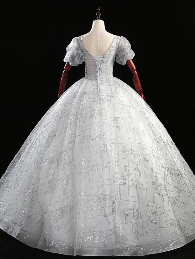 Elegant Ball Gown V-Neck Short Sleeve Beaded Floor Length Quinceanera Dress.