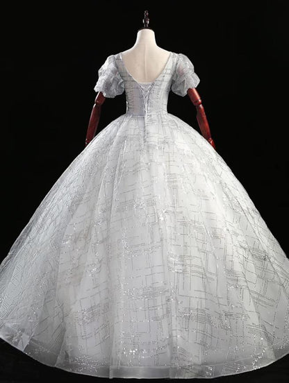 Elegant Ball Gown V-Neck Short Sleeve Beaded Floor Length Quinceanera Dress.