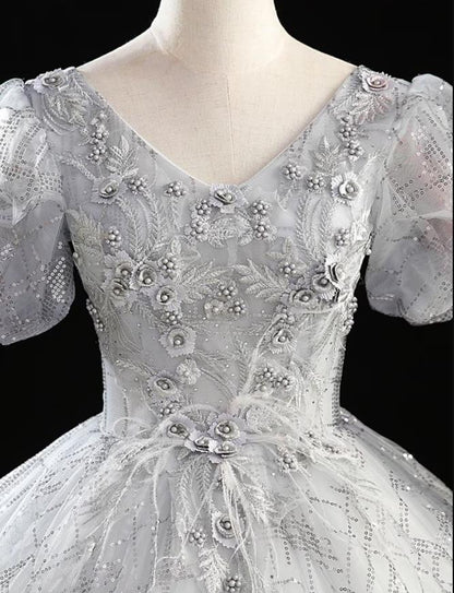 Elegant Ball Gown V-Neck Short Sleeve Beaded Floor Length Quinceanera Dress.
